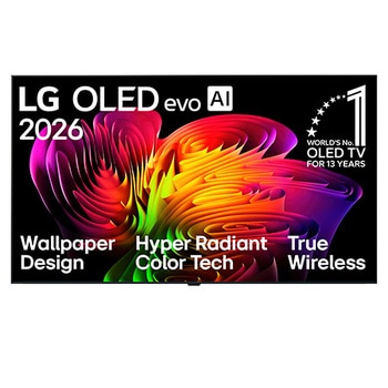 Die Vorderansicht des LG OLED evo AI W6 Wallpaper TV zeichnet sich durch sein ultrafalches Wallpaper Design aus, während eine dynamische, abstrakte Komposition aus wellenförmigen Farbverläufen in leuchtenden, vielfältigen Farben nahtlos über den Bildschirm fließt.