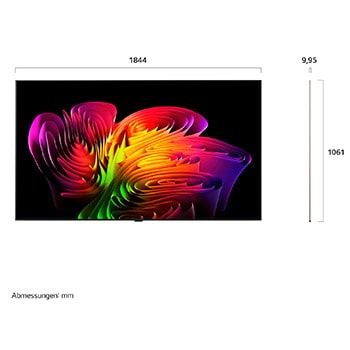 Der LG OLED evo AI W6 Wallpaper TV, gezeigt in einer Vorder- und Seitenansicht, verfügt über ein 83-Zoll-Display mit einer Bildschirmbreite von 1844 mm, einer Gesamthöhe von 1061 mm und einer ultraschlanken Tiefe von 9,95 mm ohne Standfuß.