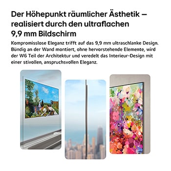 Der LG OLED evo AI W6 Wallpaper TV mit integrierter Wadnhalterung für eine lückenlose Wandmontage wird flach an der Wand montiert und ohne sichtbaren Abstand dargestellt. Die Darstellung erfolgt aus verschiedenen Blickwinkeln, die das schlanke Seitenprofil, die hohe Bildqualität und das minimalistische, kabellose Display hervorheben.