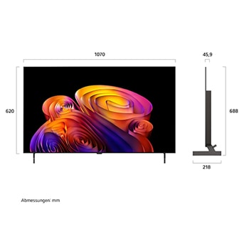 LG OLED AI B6E shown in front and side views highlights a 83-inch display with a 1842 mm-wide screen, an overall height of 1055 mm, and an ultra-slim 52.9 mm depth without a stand.