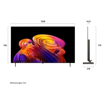 LG OLED AI B6E shown in front and side views highlights a 83-inch display with a 1842 mm-wide screen, an overall height of 1055 mm, and an ultra-slim 52.9 mm depth without a stand.