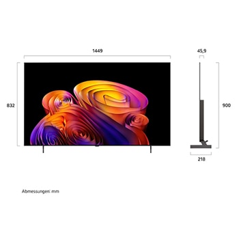 LG OLED AI B6E shown in front and side views highlights a 83-inch display with a 1842 mm-wide screen, an overall height of 1055 mm, and an ultra-slim 52.9 mm depth without a stand.