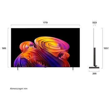 LG OLED AI B6E shown in front and side views highlights a 83-inch display with a 1842 mm-wide screen, an overall height of 1055 mm, and an ultra-slim 52.9 mm depth without a stand.
