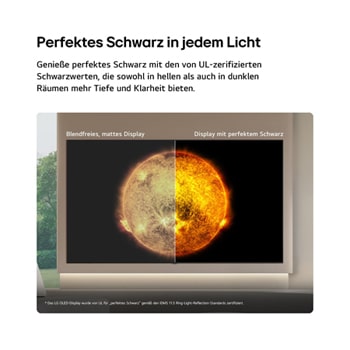 LG OLED AI B6E shows a split-screen solar visual comparing an anti-glare matte display with its Perfect Black display for clearer picture quality in any light, supported by a visible UL Perfect Black certification.