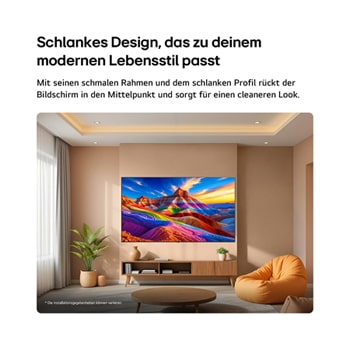 LG OLED AI B6E is wall-mounted in a styled living space, featuring an ultra-slim design with narrow bezels, and it displays a rainbow-toned landscape with layered mountain forms on screen.