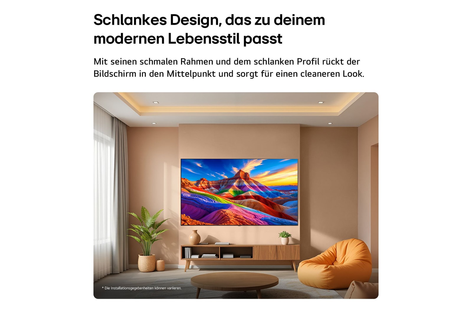 Der LG OLED AI B6 ist in einem stilvollen Wohnraum an der Wand montiert. Er zeichnet sich durch ein schlankes Design mit schmalen Rahmen aus. Auf dem Bildschirm ist eine Landschaft in Regenbogenfarben mit Bergketten zu sehen.