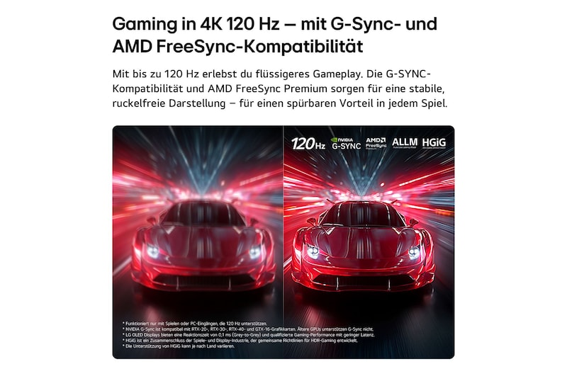 LG OLED AI B6E for ultra-smooth and tear-free gameplay shows a high-speed racing game in motion, featuring a visual comparison that highlights smooth 120Hz motion with NVIDIA G-SYNC, AMD FreeSync, ALLM, and HGiG logos at the top.