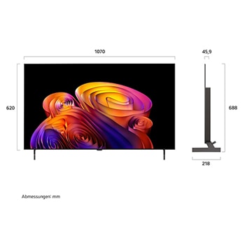 LG OLED AI B6E shown in front and side views highlights a 83-inch display with a 1842 mm-wide screen, an overall height of 1055 mm, and an ultra-slim 52.9 mm depth without a stand.