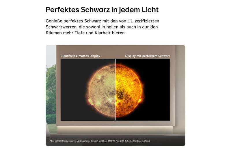 LG OLED AI B6E shows a split-screen solar visual comparing an anti-glare matte display with its Perfect Black display for clearer picture quality in any light, supported by a visible UL Perfect Black certification.