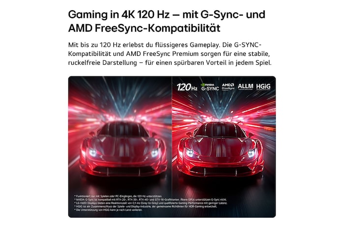 LG OLED AI B6E for ultra-smooth and tear-free gameplay shows a high-speed racing game in motion, featuring a visual comparison that highlights smooth 120Hz motion with NVIDIA G-SYNC, AMD FreeSync, ALLM, and HGiG logos at the top.