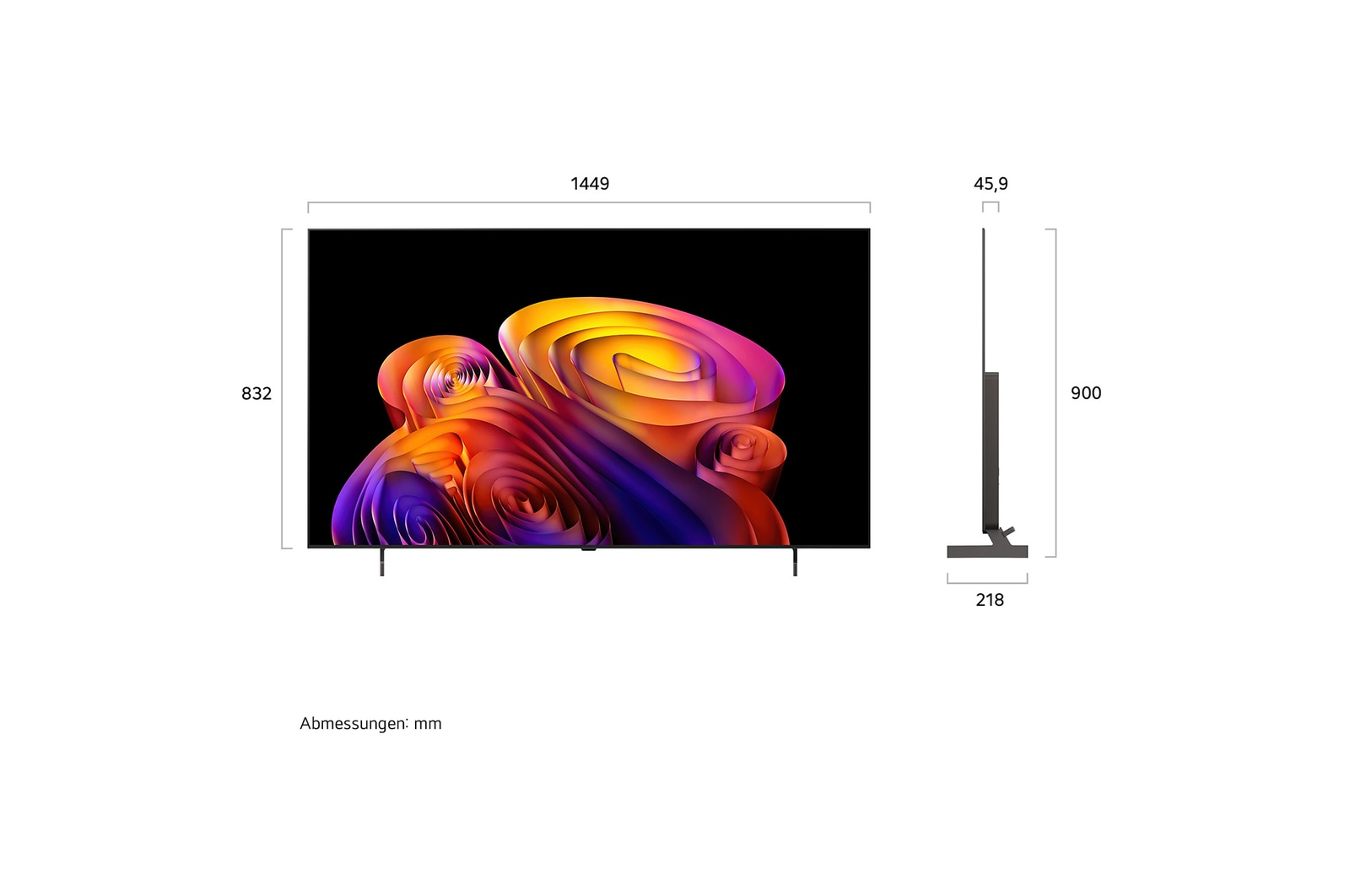 LG OLED AI B6E shown in front and side views highlights a 83-inch display with a 1842 mm-wide screen, an overall height of 1055 mm, and an ultra-slim 52.9 mm depth without a stand.