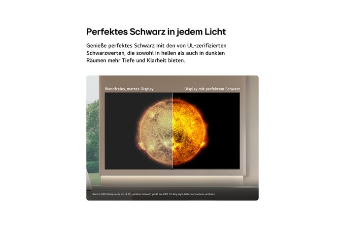 LG OLED AI B6E shows a split-screen solar visual comparing an anti-glare matte display with its Perfect Black display for clearer picture quality in any light, supported by a visible UL Perfect Black certification.