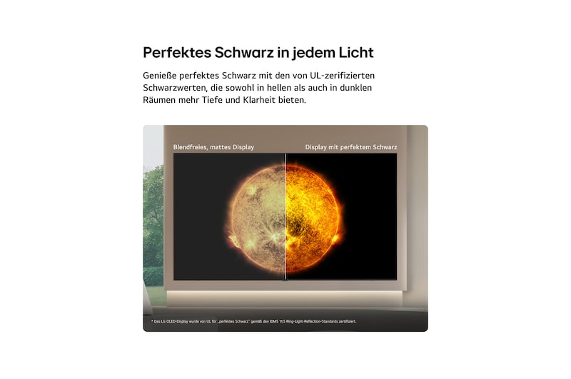 LG OLED AI B6E shows a split-screen solar visual comparing an anti-glare matte display with its Perfect Black display for clearer picture quality in any light, supported by a visible UL Perfect Black certification.