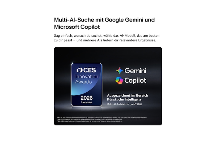 The 2026 CES Innovation Awards Honoree badge in the Artificial Intelligence category recognizes Multi-AI search with Google Gemini and Microsoft Copilot.