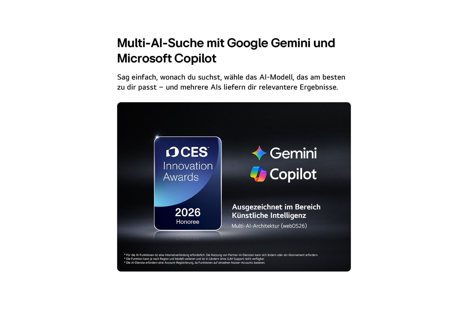 The 2026 CES Innovation Awards Honoree badge in the Artificial Intelligence category recognizes Multi-AI search with Google Gemini and Microsoft Copilot.