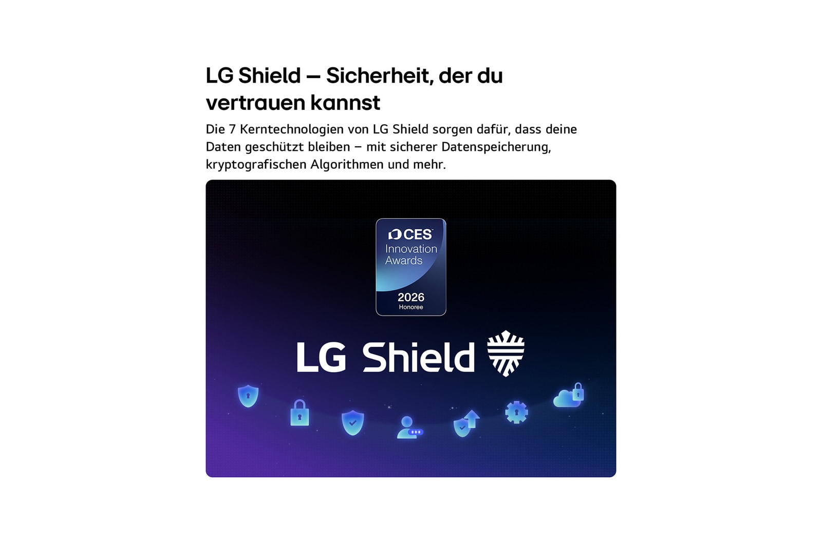 LG Shield, applied to LG OLED AI B6E, is shown with an LG Shield logo at the center, security icons below, and a 2026 CES Innovation Awards Honoree badge above, representing data and system protection.