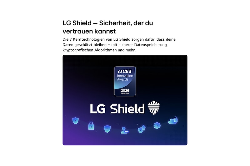 LG Shield, applied to LG OLED AI B6E, is shown with an LG Shield logo at the center, security icons below, and a 2026 CES Innovation Awards Honoree badge above, representing data and system protection.