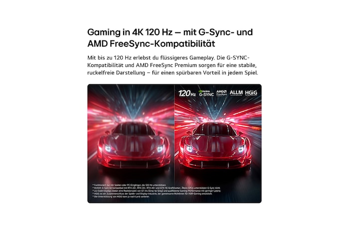 LG OLED AI B6E for ultra-smooth and tear-free gameplay shows a high-speed racing game in motion, featuring a visual comparison that highlights smooth 120Hz motion with NVIDIA G-SYNC, AMD FreeSync, ALLM, and HGiG logos at the top.