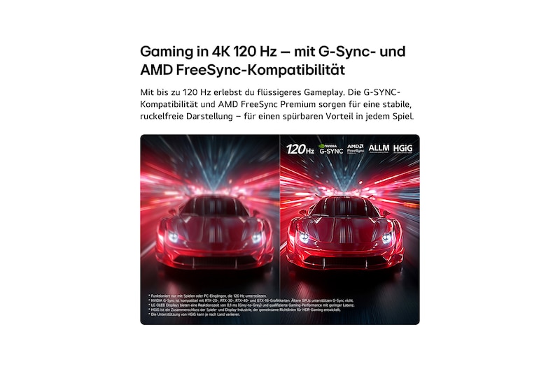 LG OLED AI B6E for ultra-smooth and tear-free gameplay shows a high-speed racing game in motion, featuring a visual comparison that highlights smooth 120Hz motion with NVIDIA G-SYNC, AMD FreeSync, ALLM, and HGiG logos at the top.