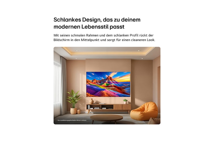 LG OLED AI B6E is wall-mounted in a styled living space, featuring an ultra-slim design with narrow bezels, and it displays a rainbow-toned landscape with layered mountain forms on screen.