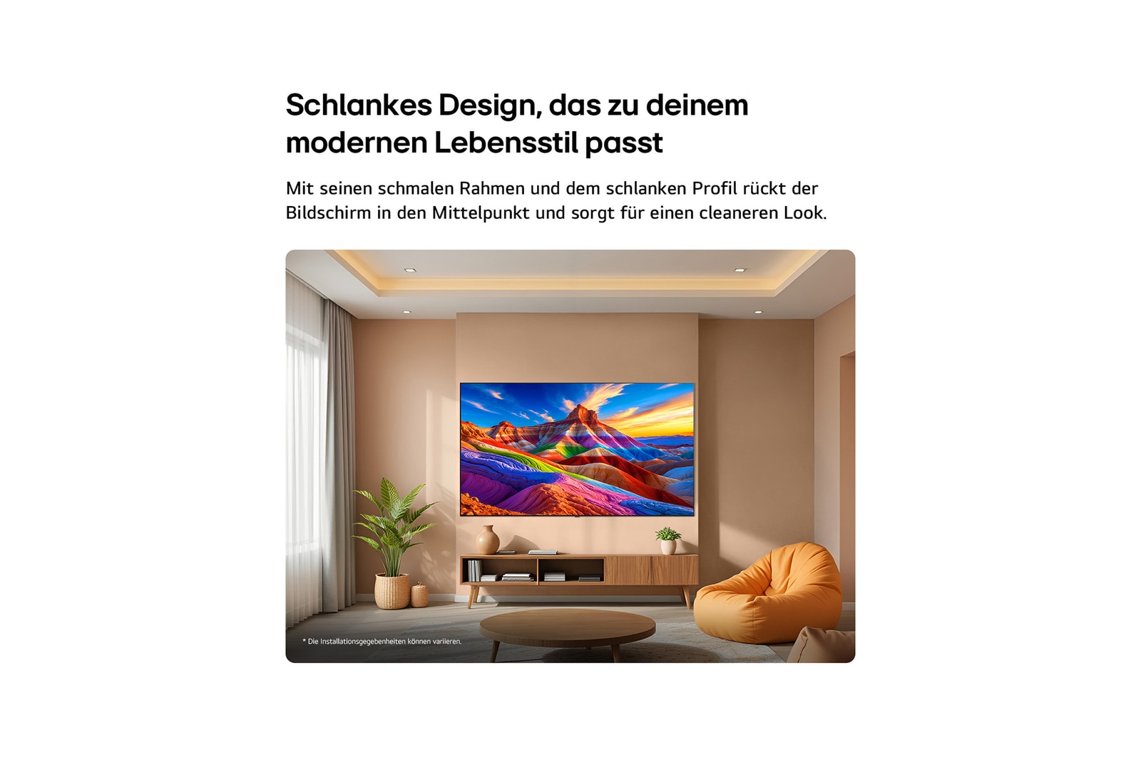 LG OLED AI B6E is wall-mounted in a styled living space, featuring an ultra-slim design with narrow bezels, and it displays a rainbow-toned landscape with layered mountain forms on screen.