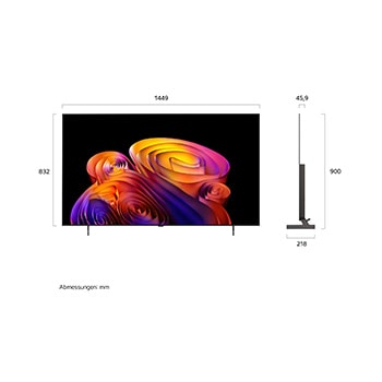 LG OLED AI B6E shown in front and side views highlights a 83-inch display with a 1842 mm-wide screen, an overall height of 1055 mm, and an ultra-slim 52.9 mm depth without a stand.