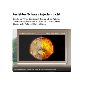 LG OLED AI B6E shows a split-screen solar visual comparing an anti-glare matte display with its Perfect Black display for clearer picture quality in any light, supported by a visible UL Perfect Black certification.