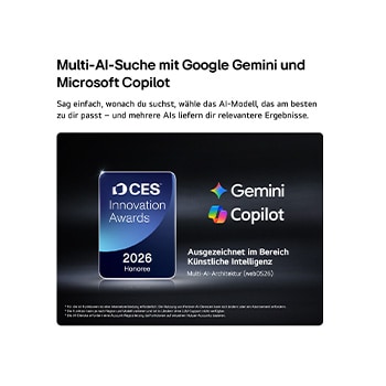 The 2026 CES Innovation Awards Honoree badge in the Artificial Intelligence category recognizes Multi-AI search with Google Gemini and Microsoft Copilot.