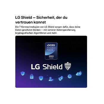 LG Shield, applied to LG OLED AI B6E, is shown with an LG Shield logo at the center, security icons below, and a 2026 CES Innovation Awards Honoree badge above, representing data and system protection.