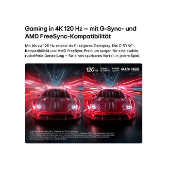 LG OLED AI B6E for ultra-smooth and tear-free gameplay shows a high-speed racing game in motion, featuring a visual comparison that highlights smooth 120Hz motion with NVIDIA G-SYNC, AMD FreeSync, ALLM, and HGiG logos at the top.