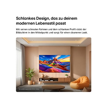 LG OLED AI B6E is wall-mounted in a styled living space, featuring an ultra-slim design with narrow bezels, and it displays a rainbow-toned landscape with layered mountain forms on screen.