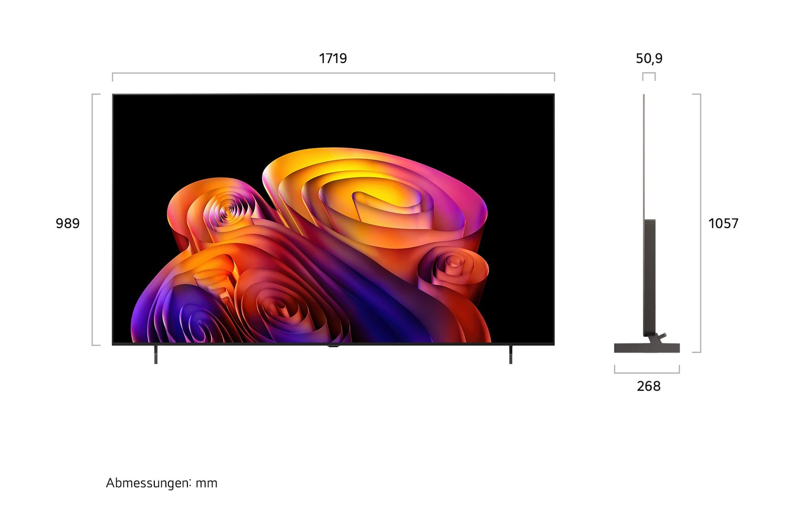 LG OLED AI B6E shown in front and side views highlights a 83-inch display with a 1842 mm-wide screen, an overall height of 1055 mm, and an ultra-slim 52.9 mm depth without a stand.