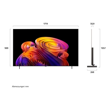 LG OLED AI B6E shown in front and side views highlights a 83-inch display with a 1842 mm-wide screen, an overall height of 1055 mm, and an ultra-slim 52.9 mm depth without a stand.