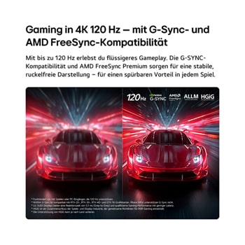 LG OLED AI B6E for ultra-smooth and tear-free gameplay shows a high-speed racing game in motion, featuring a visual comparison that highlights smooth 120Hz motion with NVIDIA G-SYNC, AMD FreeSync, ALLM, and HGiG logos at the top.