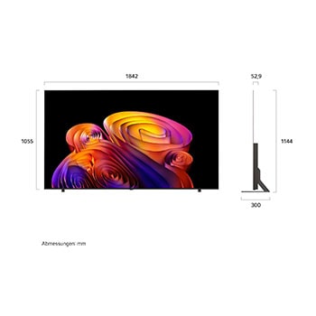 LG OLED AI B6E shown in front and side views highlights a 83-inch display with a 1842 mm-wide screen, an overall height of 1055 mm, and an ultra-slim 52.9 mm depth without a stand.