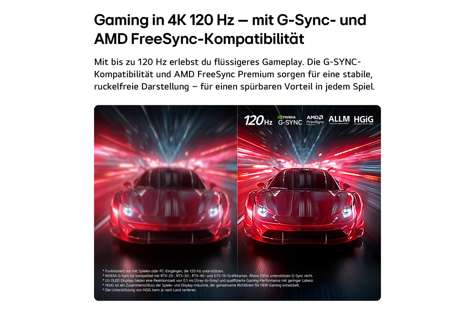 LG OLED AI B6E for ultra-smooth and tear-free gameplay shows a high-speed racing game in motion, featuring a visual comparison that highlights smooth 120Hz motion with NVIDIA G-SYNC, AMD FreeSync, ALLM, and HGiG logos at the top.