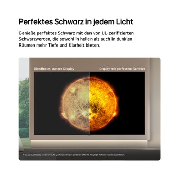 LG OLED AI B6E shows a split-screen solar visual comparing an anti-glare matte display with its Perfect Black display for clearer picture quality in any light, supported by a visible UL Perfect Black certification.