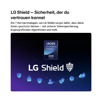 LG Shield, applied to LG OLED AI B6E, is shown with an LG Shield logo at the center, security icons below, and a 2026 CES Innovation Awards Honoree badge above, representing data and system protection.
