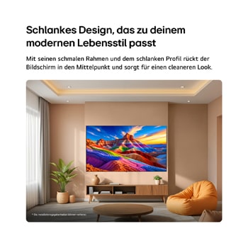 LG OLED AI B6E is wall-mounted in a styled living space, featuring an ultra-slim design with narrow bezels, and it displays a rainbow-toned landscape with layered mountain forms on screen.