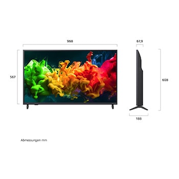 Ein LG QNED evo AI QNED80 Mini LED, hier gezeigt in Vorder- und Seitenansicht, hat ein 43-Zoll-Display mit einer Bildschirmbreite von 968 mm und einer Bildschirmhöhe von 567 mm, eine Höhe von 621 mm mit Fuß, eine Profiltiefe von 67,9 mm und eine Standfläche von 892 x 200 mm.