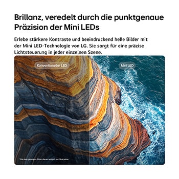 Ein LG QNED evo AI QNED80 Mini LED verdeutlicht anhand einer geteilten Küstenklippenszene, wie „Mini LED“ schärfere Felsstrukturen und klarere Meeresdetails als herkömmliche LEDs hervorbringt und tieferes Schwarz sowie verfeinerte Kontraste mit mehr Klarheit und Tiefe erzeugt.
