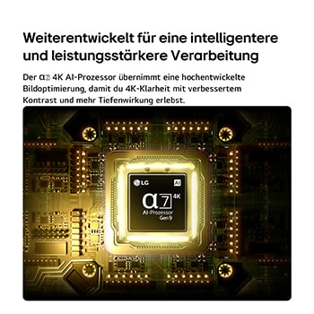 Ein alpha 7 Gen9 4K AI Prozessor des LG QNED evo AI QNED80 Mini LED erstrahlt in der Mitte einer gelben Leiterplatte und verdeutlicht so eine intelligentere, leistungsfähigere KI-Verarbeitung, durch die die Klarheit von 4K-Bildern mit noch besserem Kontrast und noch größerer Tiefe gesteigert wird.