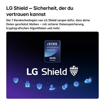 LG Shield, angewendet auf LG QNED evo AI QNED80 Mini LED, wird mit einem LG Shield-Logo in der Mitte, Sicherheitssymbolen darunter und einem 2026 CES Innovation Awards Honoree-Emblem darüber gezeigt, das für Daten- und Systemschutz steht.
