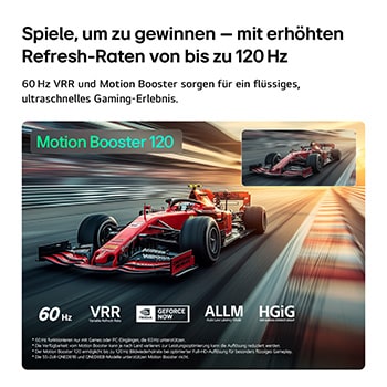 Ein LG QNED evo AI QNED80 Mini LED für Ultimate Gameplay zeigt eine schnelllebige Rennszene mit einem Vergleichsbild, um die dank Motion Booster 120 flüssigere Bewegung hervorzuheben. Zudem werden 60Hz, VRR, AMD FreeSync, ALLM, HGiG und GeForce NOW unterstützt.