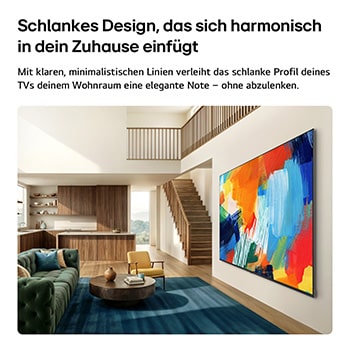Ein in einem hellen, offenen Wohnbereich an die Wand montierter LG QNED evo AI QNED80 Mini LED in Slim Design zeichnet sich durch ein schnittiges Profil aus, das sich nahtlos in die Inneneinrichtung einfügt. Der Bildschirm zeigt ein auffälliges, farbenfrohes abstraktes Kunstwerk.