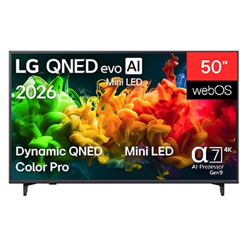 Vorderseite von 50 Zoll LG QNED evo AI Mini LED QNED80 4K Smart TV 2026 50QNED8EB3F