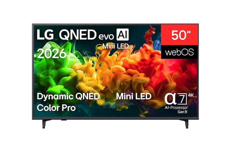 Vorderseite von 50 Zoll LG QNED evo AI Mini LED QNED80 4K Smart TV 2026 50QNED8EB3F