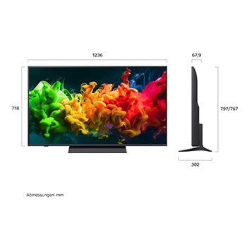 Ein LG QNED evo AI QNED80 Mini LED, hier gezeigt in Vorder- und Seitenansicht, hat ein 55-Zoll-Display mit einer Bildschirmbreite von 1.236 mm und einer Bildschirmhöhe von 718 mm, eine Höhe von 780 mm mit Fuß, eine Profiltiefe von 67,9 mm und eine Standfläche von 1.086 x 230 mm.