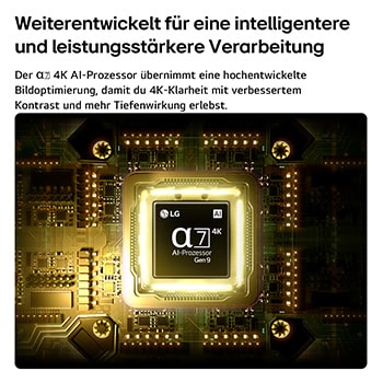 Ein alpha 7 Gen9 4K AI Prozessor des LG QNED evo AI QNED80 Mini LED erstrahlt in der Mitte einer gelben Leiterplatte und verdeutlicht so eine intelligentere, leistungsfähigere KI-Verarbeitung, durch die die Klarheit von 4K-Bildern mit noch besserem Kontrast und noch größerer Tiefe gesteigert wird.