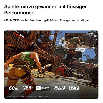 Ein LG QNED evo AI QNED80 Mini LED für Ultimate Gameplay zeigt eine schnelllebige Action-Game-Szene mit einem Vergleichsbild, um die flüssigere Bewegung hervorzuheben. Zudem werden 60Hz, VRR, AMD FreeSync, ALLM, HGiG und GeForce NOW unterstützt.